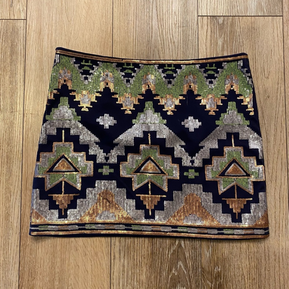 Fate Mini Skirt Aztec Geometric Sequin Metallic Gold Silver Green Medium